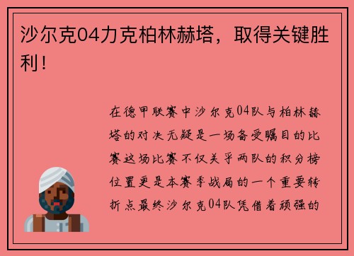 沙尔克04力克柏林赫塔，取得关键胜利！